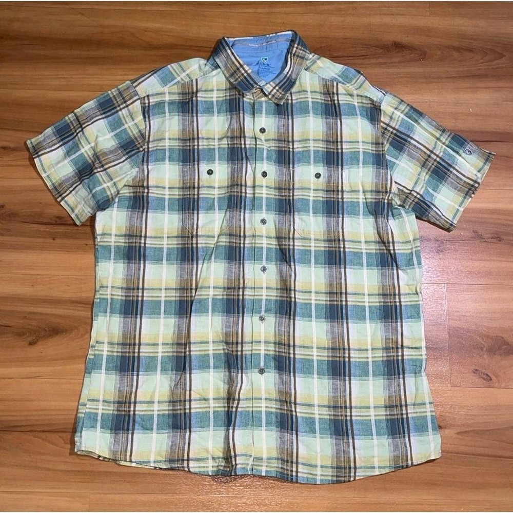 Mens Kuhl Skorpio Linen Cotton Blend Plaid Button Down Short Sleeve Shirt